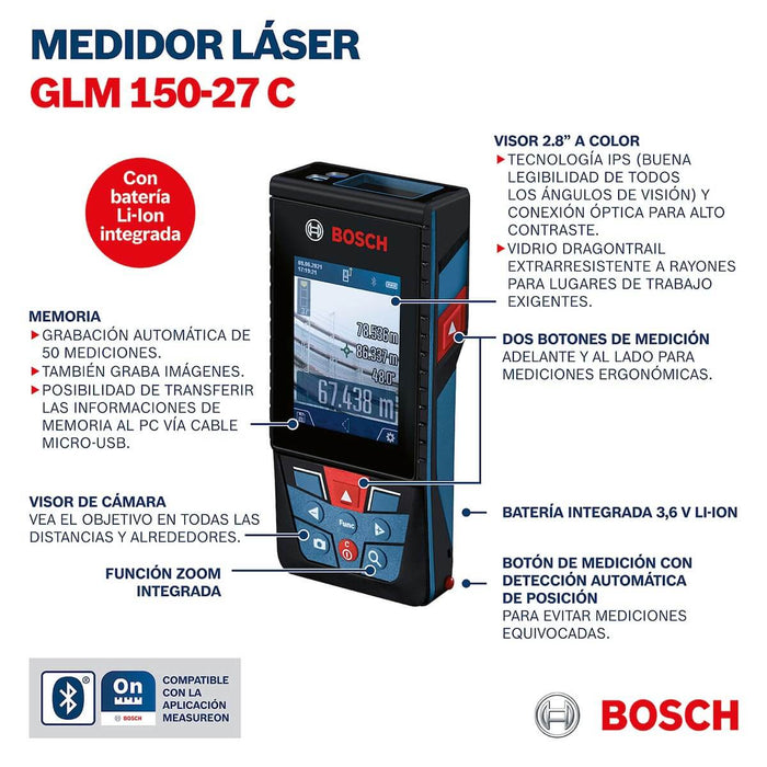 Medidor láser GLM 150-27 C alcance 150m con Bluetooth Bosch