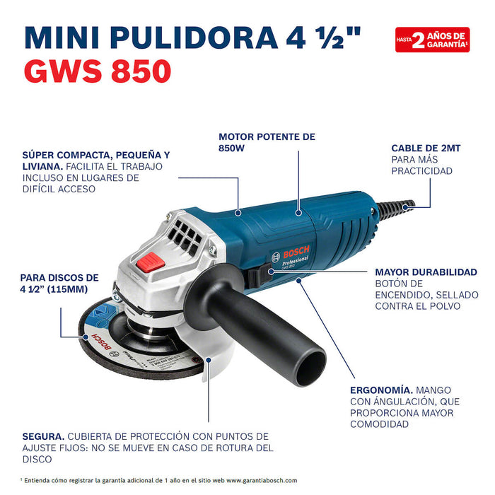 Mini pulidora angular GWS 850 de 4,5" 850 W 220 V, portátil marca Bosch