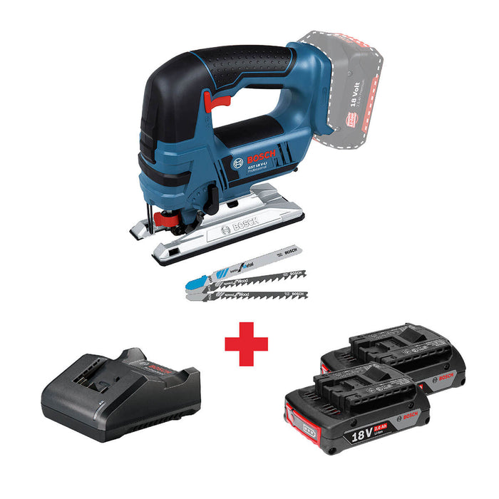 Sierra caladora inalámbrica 18V GST 18V-L + 3 cuchillas + Kit 2 Baterías 18V 2,0 Ah + Cargador GAL 18V-20 Marca Bosch