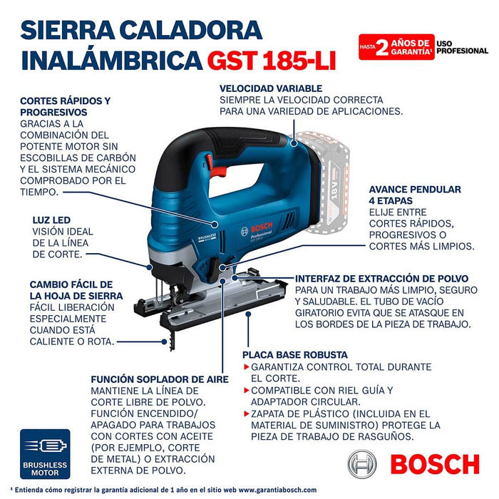 Sierra caladora inalámbrica 18V GST 185-LI Brushless + Kit 2 Baterías 18V 2,0 Ah + Cargador GAL 18V-20 Marca Bosch