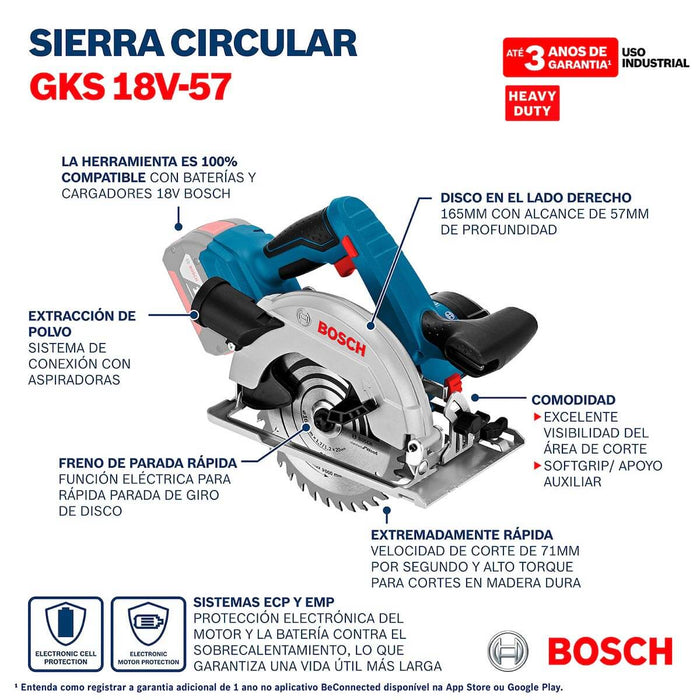 Sierra Circular inalámbrica 18V GKS 18V-57,  Sin Bateria/sin cargador Bosch