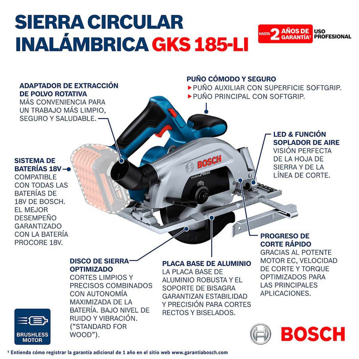 Serra Circular inalámbrica 18V GKS 185-LI, Sin Bateria/sin cargador Bosch