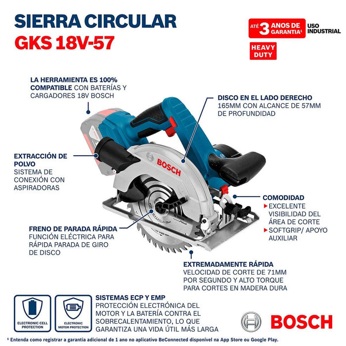 Sierra Circular inalámbrica 18V GKS 18V-57, + Kit 2 Baterías 18V 4,0 Ah + Cargador GAL 18V-20 Marca Bosch