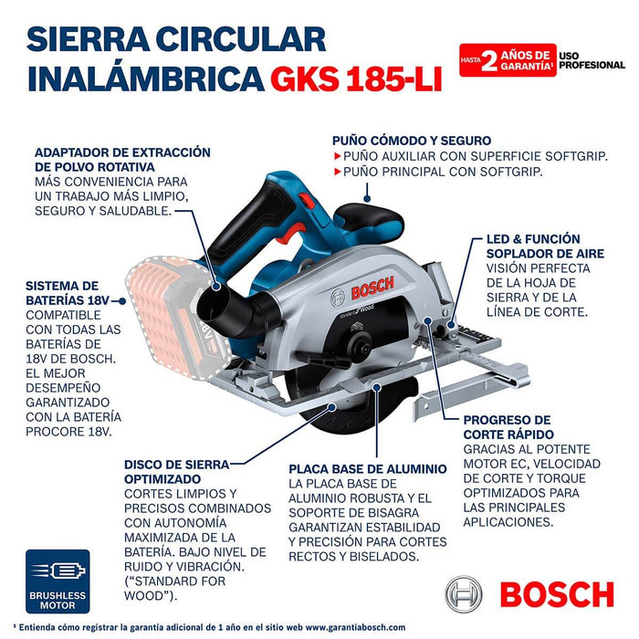 Serra Circular inalámbrica 18V GKS 185-LI + Kit 2 Baterías 18V 4,0 Ah + Cargador GAL 18V-20 Marca Bosch