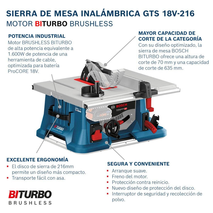 Sierra de Mesa inalámbrica 18V GTS 18V-216 Brushless + 1 Cargador GAL1880 + 1 Batería ProCore 18V 8AhMarca Bosch