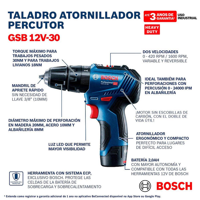 Taladro percutor 3/8"  12V 2Bat Brushless GSB 12V-30 Bosch