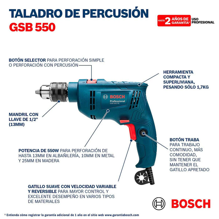 Taladro percutor 1/2" 550W Marca Bosch