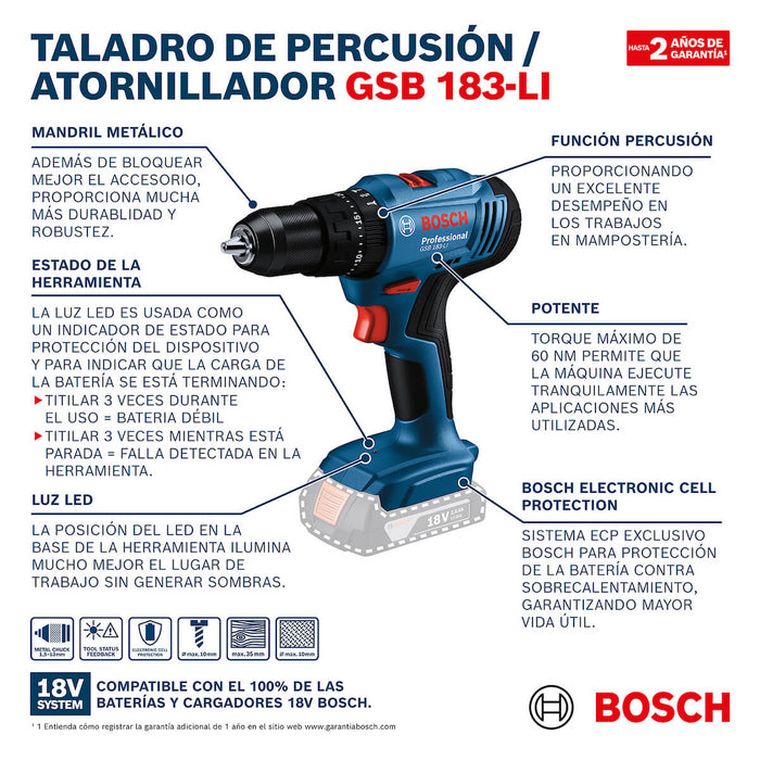 Taladro percutor atornillador GSB 183-LI 18 V con 2 baterías y maletín