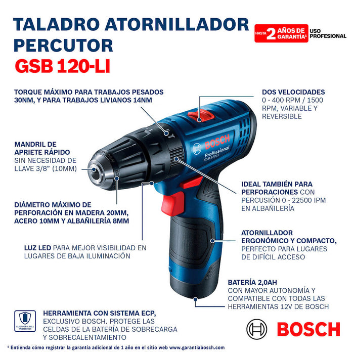 Taladro percutor atornillador inalámbrico GSB 120-LI 12 V compacto