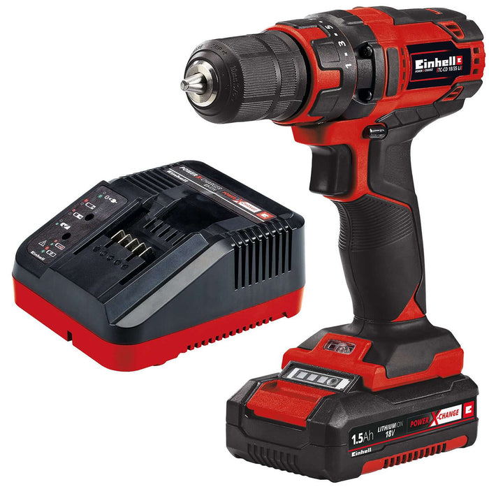 Taladro de rotación 3/8" inalámbrico 18 V + batería (1.5 ah) +  cargador + estuche marca Einhell