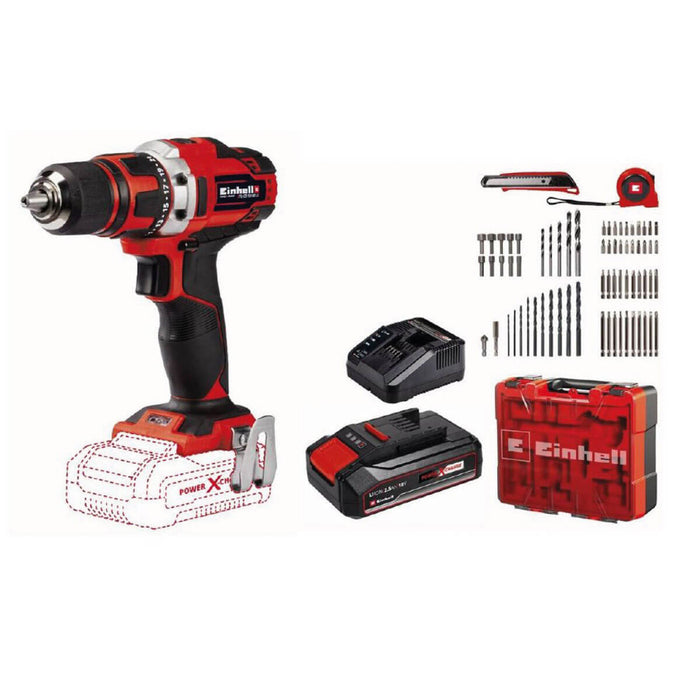 Taladro de rotación 1/2" inalámbrico 18 V + batería  (2.5 ah) + cargador + estuche( 69 piezas) marca Einhell