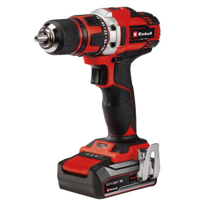 Taladro de rotación 1/2" inalámbrico 18 V + batería  (2.5 ah) + cargador + estuche( 69 piezas) marca Einhell