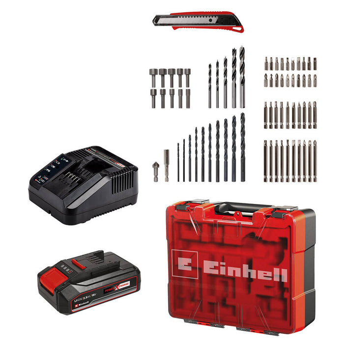 Taladro de rotación 1/2" inalámbrico 18 V + batería  (2.5 ah) + cargador + estuche( 69 piezas) marca Einhell