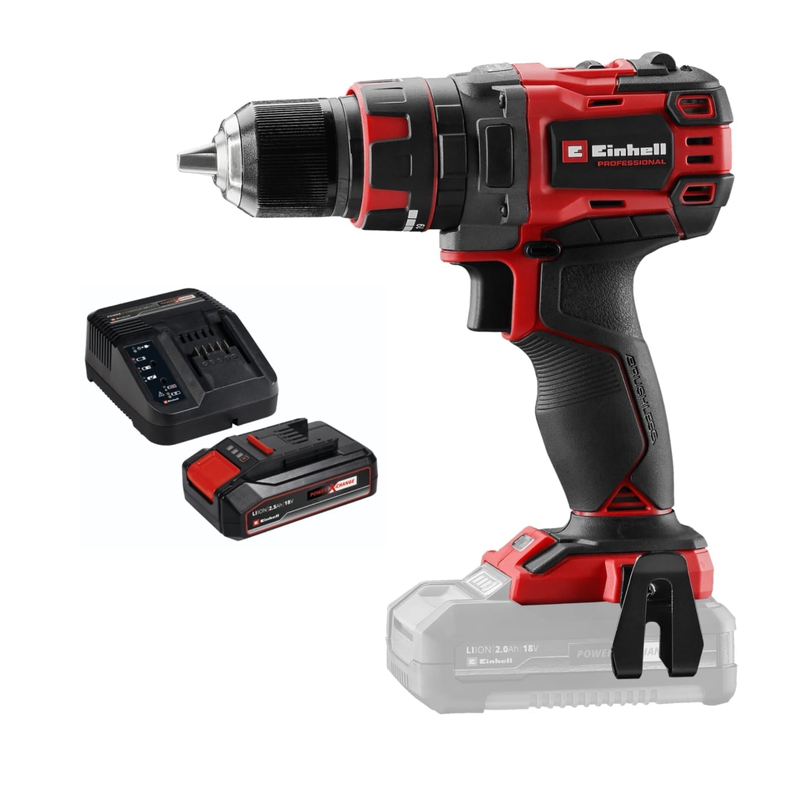 Taladro percutor 1/2 inalámbrico brushless 18 V + batería (2.5 ah) + cargador marca Einhell