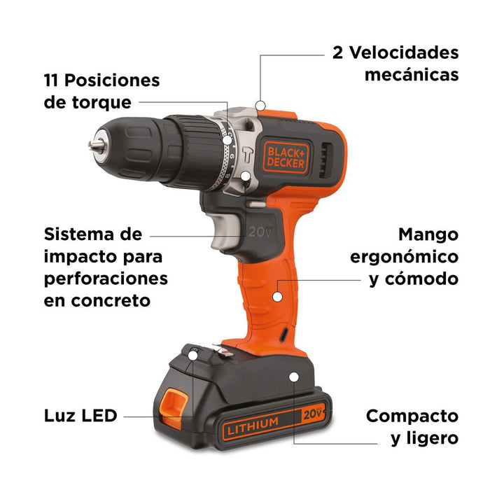 herramientas electricas e inalambricas taladroatornillador inalambrico 20v 2 vel ion litio black and decker bcd704c1 b3 bcd704c1 b3 madecentro
