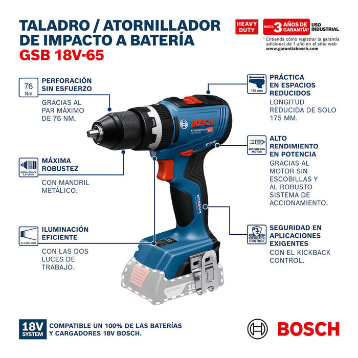 herramientas electricas inalambricas taladro percutor inalambrico gsb 18v 65 2 bat 1 cargador 06019n31g0 mp madecentro