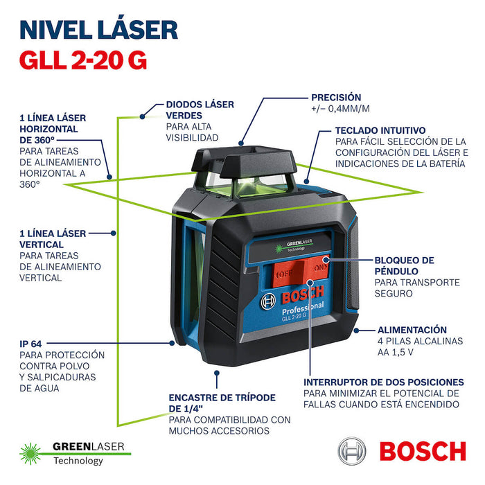 Nivel láser verde GLL 2-20 G marca Bosch