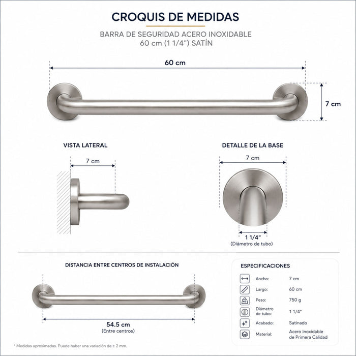 hogar accesorios bano barra seguridad acero inoxidable bano 60cm 1 14 pmo 006 mp madecentro