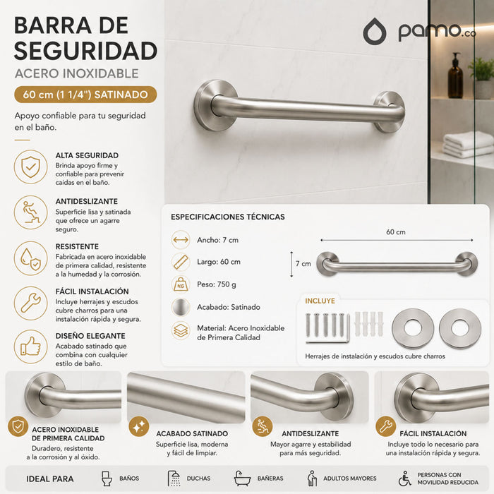 hogar accesorios bano barra seguridad acero inoxidable bano 60cm 1 14 pmo 006 mp madecentro