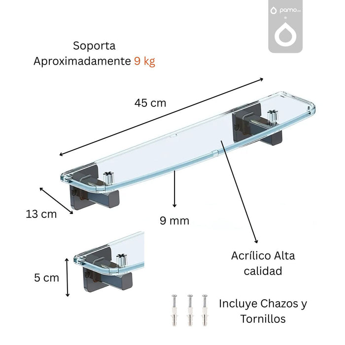 hogar bano repisa acrilica transparente 45 cm soportes cromados alta resistencia pmo 052 mp madecentro
