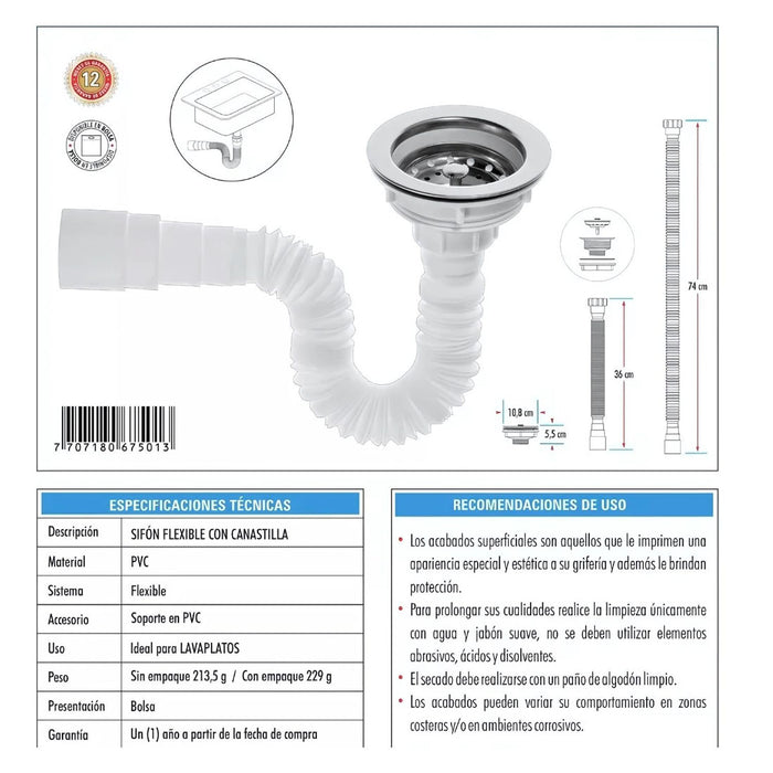 hogar bano sifon lavaplatos flexible canastilla 4 boccherini pmo 057 mp madecentro