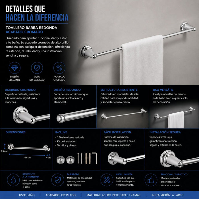hogar bano toallero barra redondo cromado 60 cm pmo 062 mp madecentro