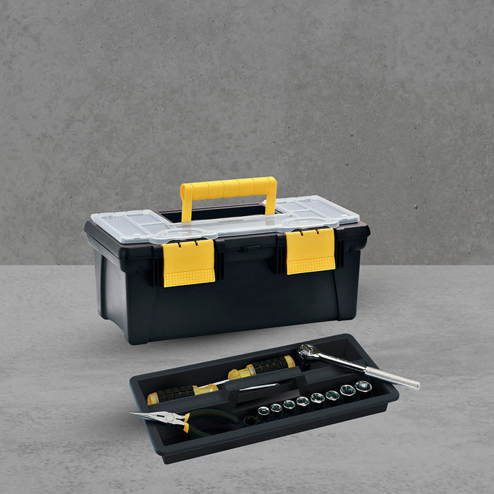 Caja herramientas 16" con tapa organizadora cerradura plástica negro marca Rimax