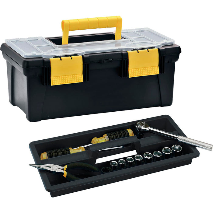 Caja herramientas 16" con tapa organizadora cerradura plástica negro marca Rimax