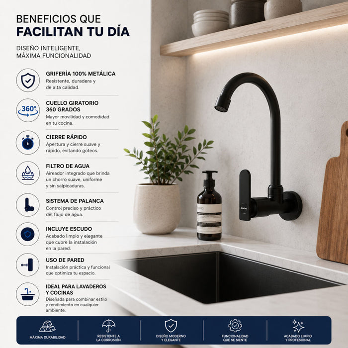 hogar griferia pared lavaplatos negra agua fria pmo 024 mp madecentro