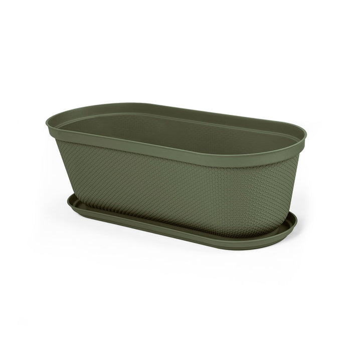Matera moderna ovalada rafia 60 cm con plato verde musgo marca Rimax