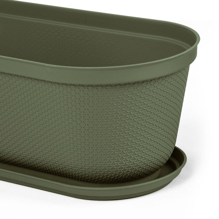 Matera moderna ovalada rafia 60 cm con plato verde musgo marca Rimax