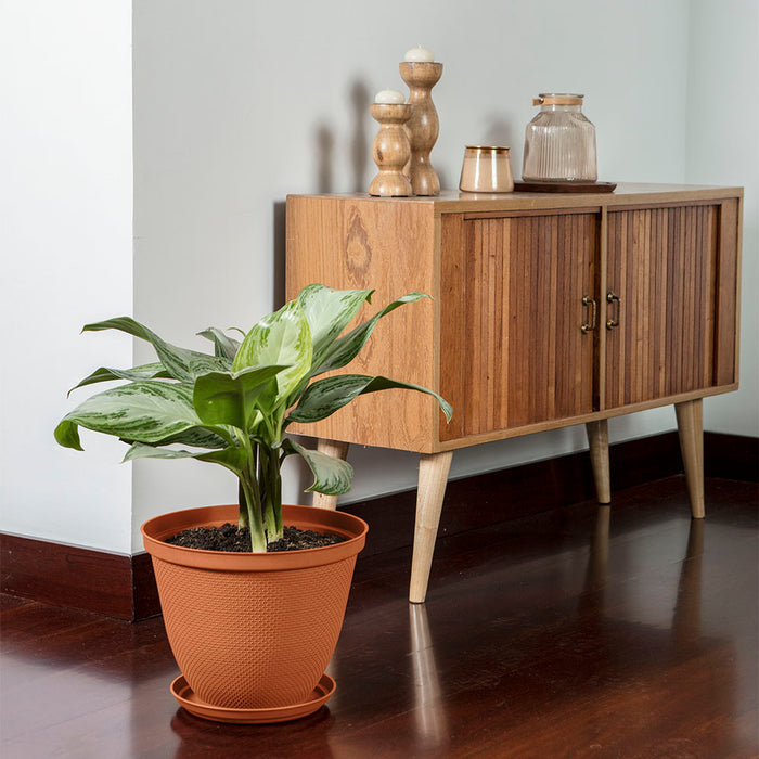 Matera redonda rafia 30 cm con plato terracota marca Rimax