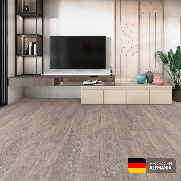 Piso laminado Roble Humo 7 mm AC3 23-31 para interiores.
