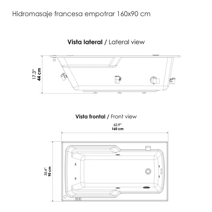 Hidromasaje de empotrar Francesa 160X90 cm con Cascada de llenado con terapias