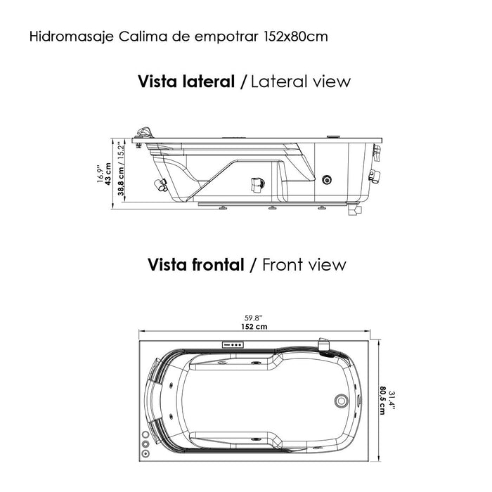 Hidromasaje de empotrar Calima 152X80 cm con Cascada de llenado con terapias