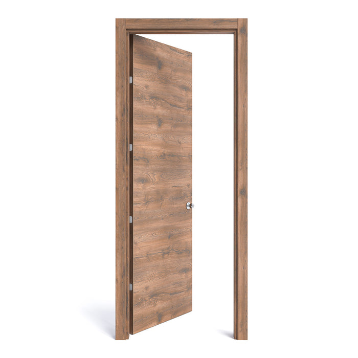 Kit puerta de madera melaminica con marco veta horizontal color bellota incluye cerradura + 4 bisagras