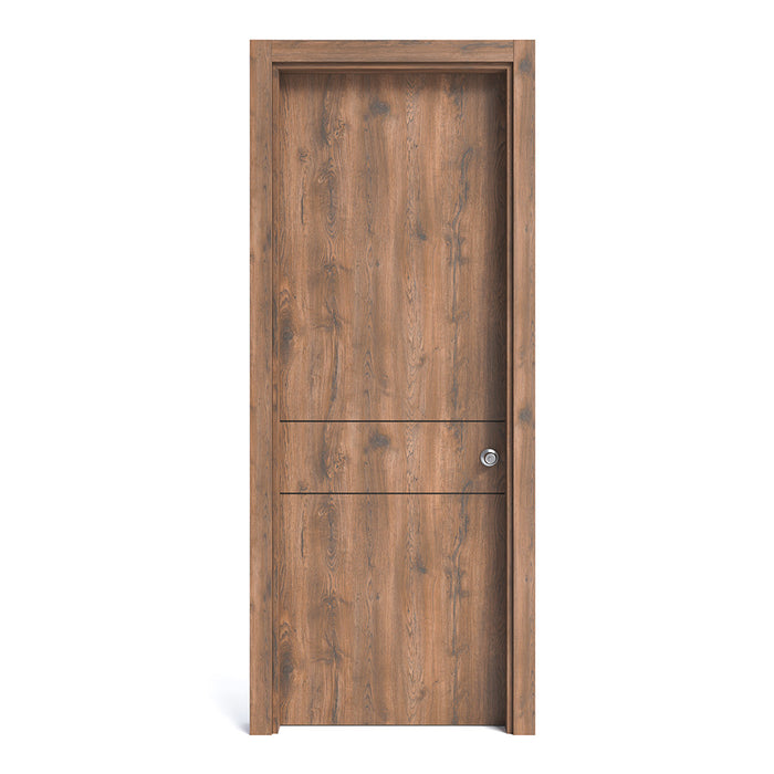 Kit puerta de madera melaminica con marco ranurada veta vertical color bellota incluye cerradura + 4 bisagras