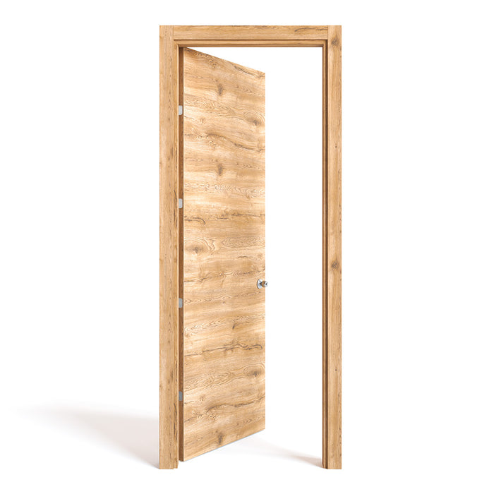 Kit puerta de madera melaminica con marco veta horizontal color macadamia incluye cerradura + 4 bisagras