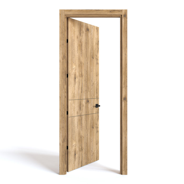 Puerta de madera melaminica ranurada sin marco veta vertical color macadamia incluye cerradura + 4 bisagras