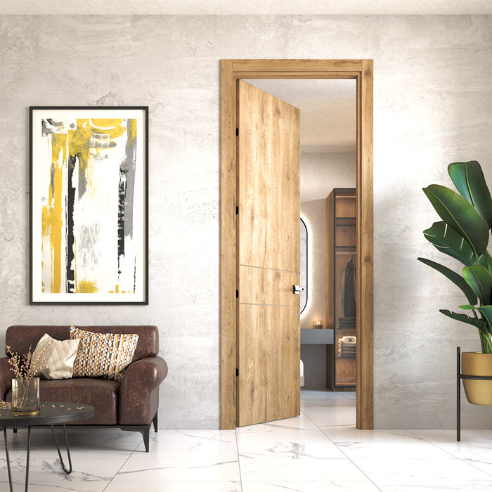 Kit puerta de madera melaminica con marco ranurada veta vertical color macadamia incluye cerradura + 4 bisagras