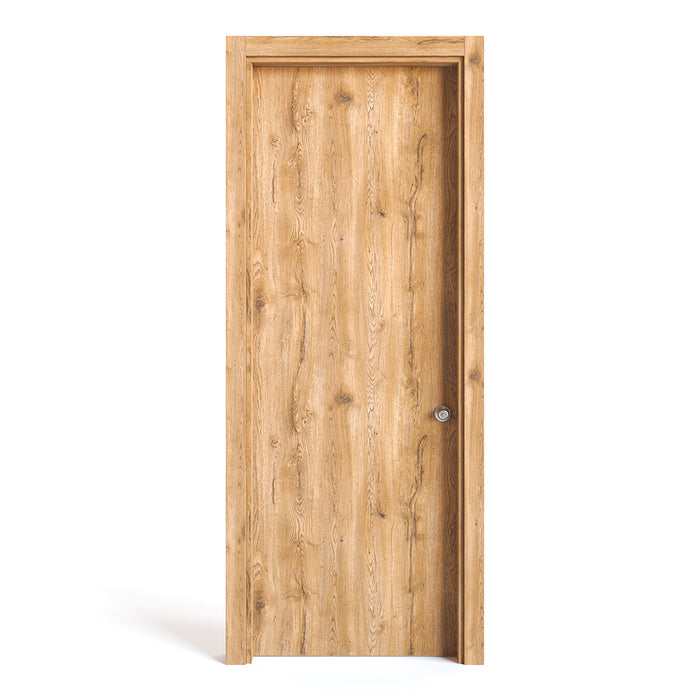 Kit puerta de madera melaminica con marco veta vertical color macadamia incluye cerradura + 4 bisagras