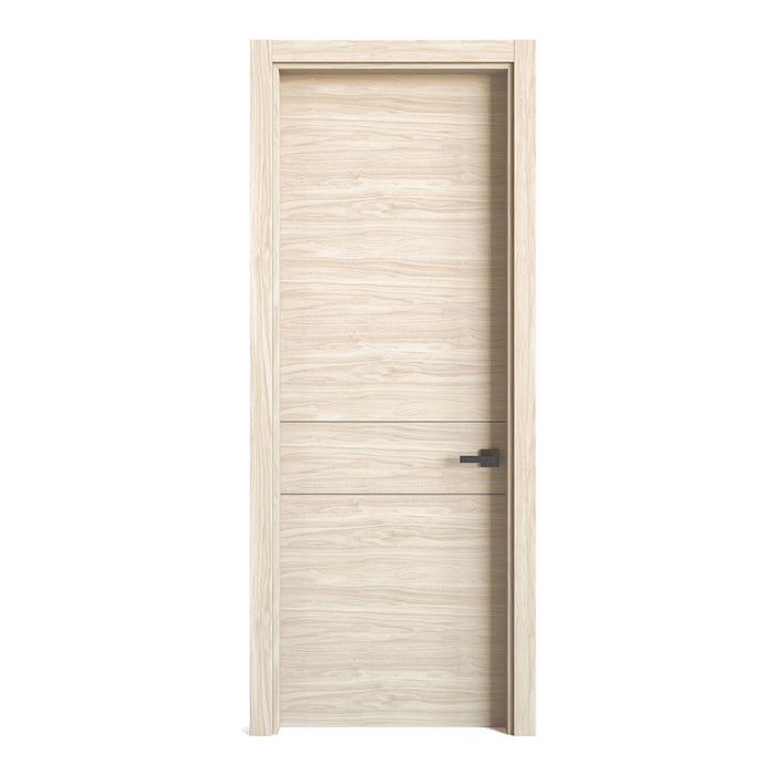 Kit Puerta de madera melaminica ranurada con marco veta horizontal color nacar incluye cerradura + 4 bisagras