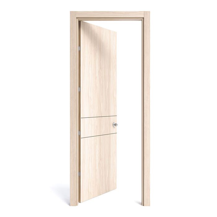 Kit puerta de madera melaminica con marco ranurada veta vertical color nacar incluye cerradura + 4 bisagras