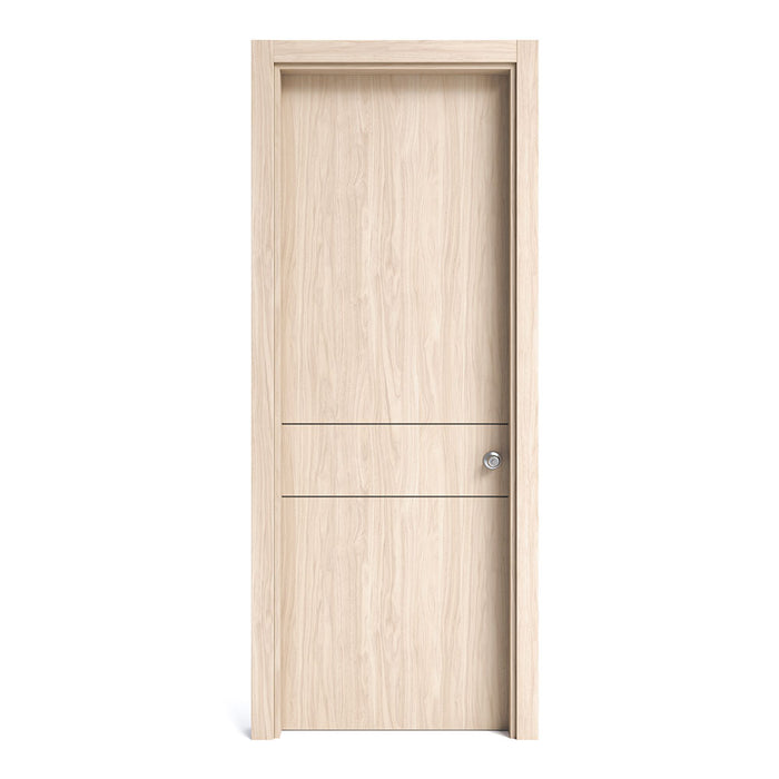 Kit puerta de madera melaminica con marco ranurada veta vertical color nacar incluye cerradura + 4 bisagras