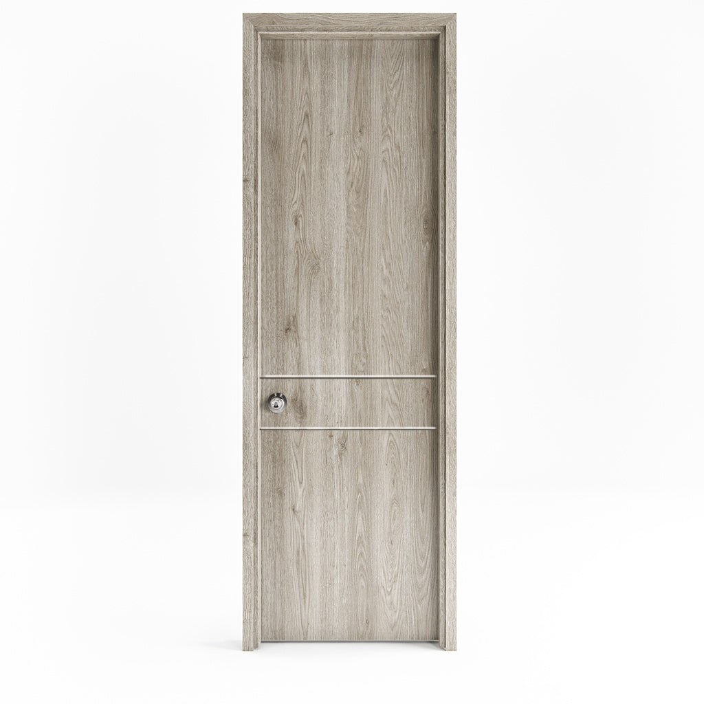 Puerta de madera melaminica ranurada sin marco veta vertical color ceniza incluye cerradura + 4 bisagras