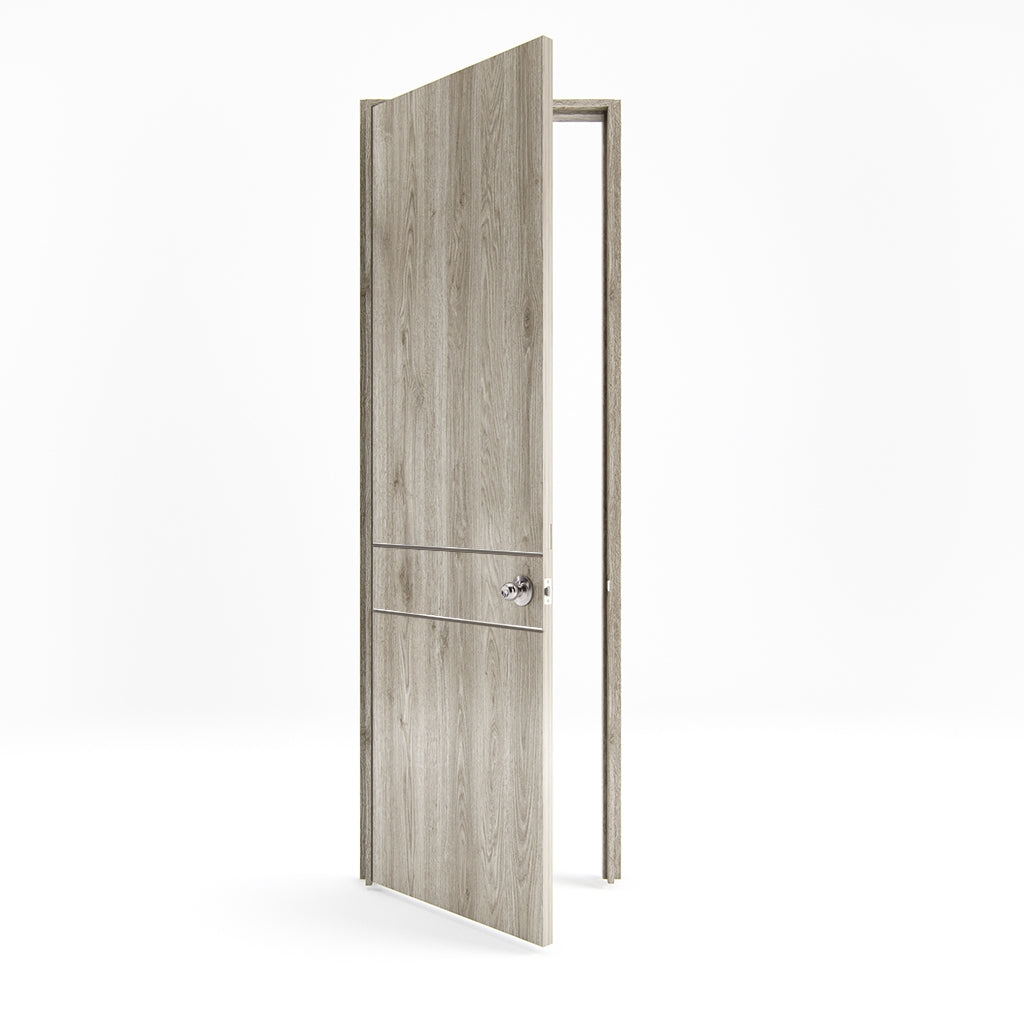 Puerta de madera melaminica ranurada sin marco veta vertical color ceniza incluye cerradura + 4 bisagras
