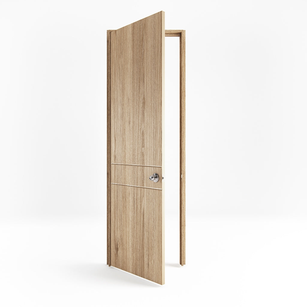 Puerta de madera melaminica ranurada sin marco veta vertical color rovere incluye cerradura + 4 bisagras