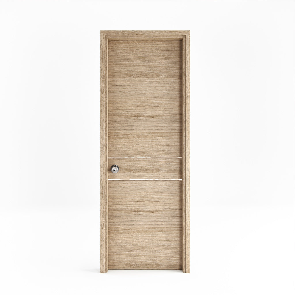 Puerta de madera melaminica ranurada sin marco veta horizontal color rovere incluye cerradura + 4 bisagras