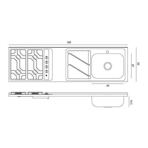 Mesón con lavaplatos en acero inoxidable 180×52 cm y estufa a gas marca Socoda