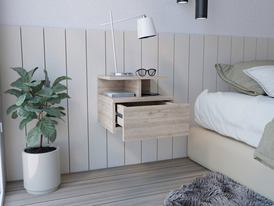 Mesa de Noche Flotante Nube, Humo, con un Cajón y División de dos Entrepaños X2